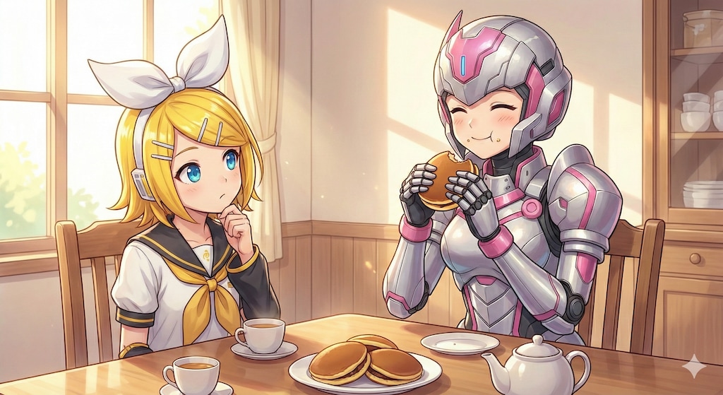 どら焼きを食べるメカちゃん