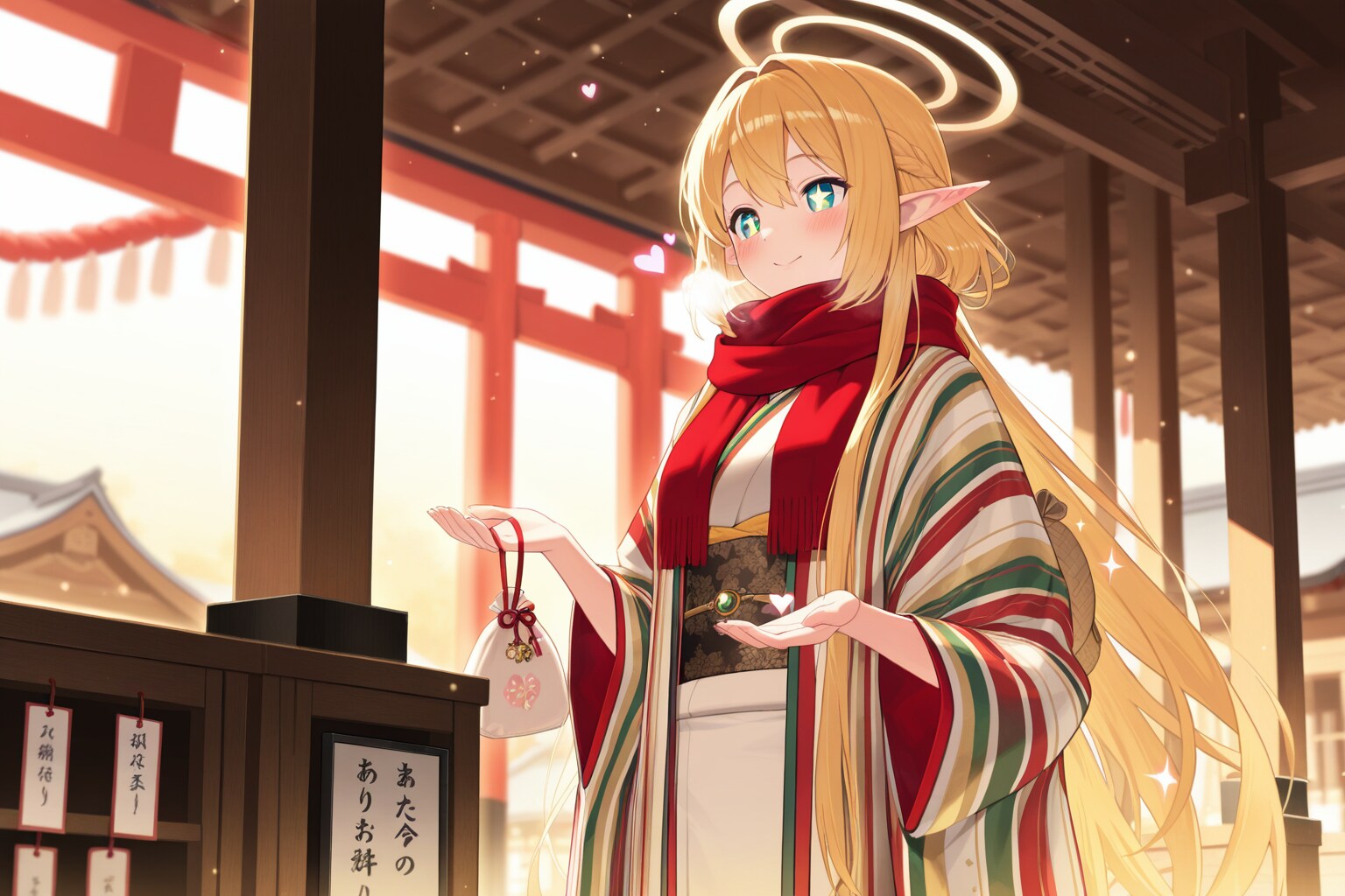 初詣でお守りを買うエルフの女の子