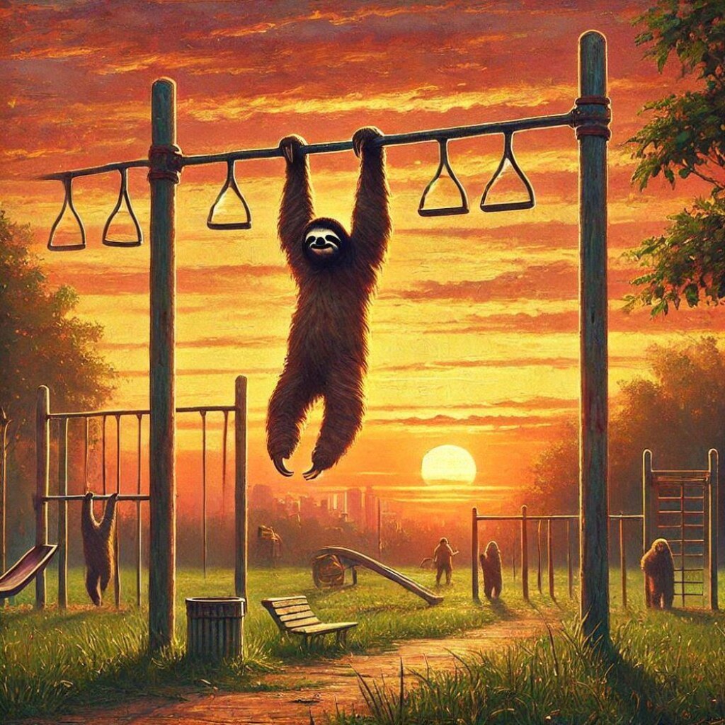 油絵ファンタジー、公園の鉄棒にぶら下がる懸垂ナマケモノ