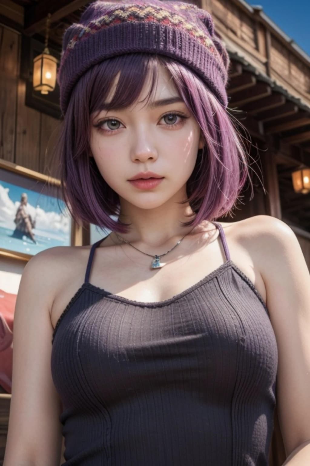 ニット帽の紫髪の人