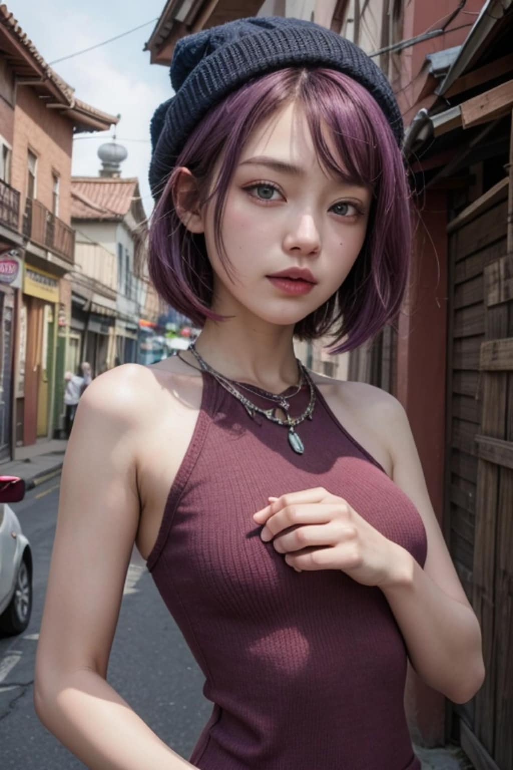 ニット帽の紫髪の人