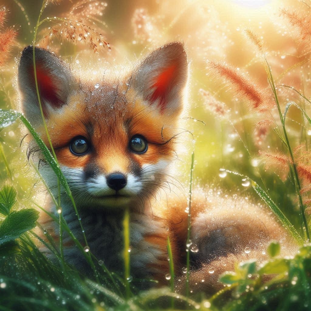 朝露の草のかげからきつねの子