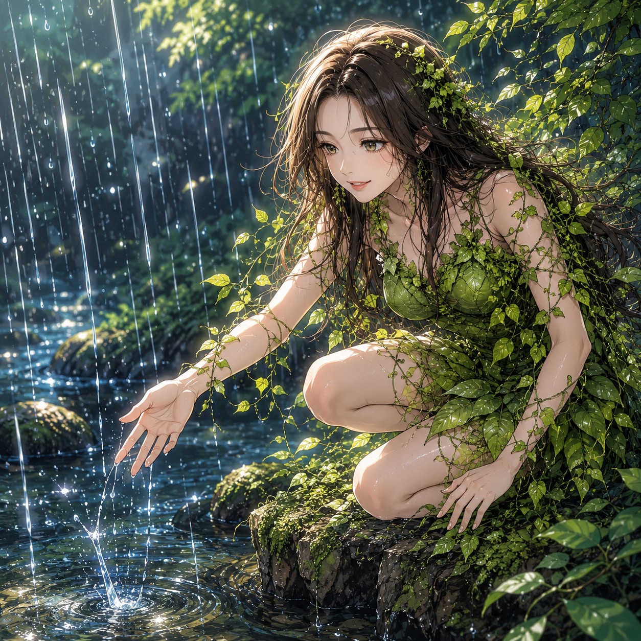 雨水に触れるリーフちゃん♪ | の人気AIイラスト・グラビア