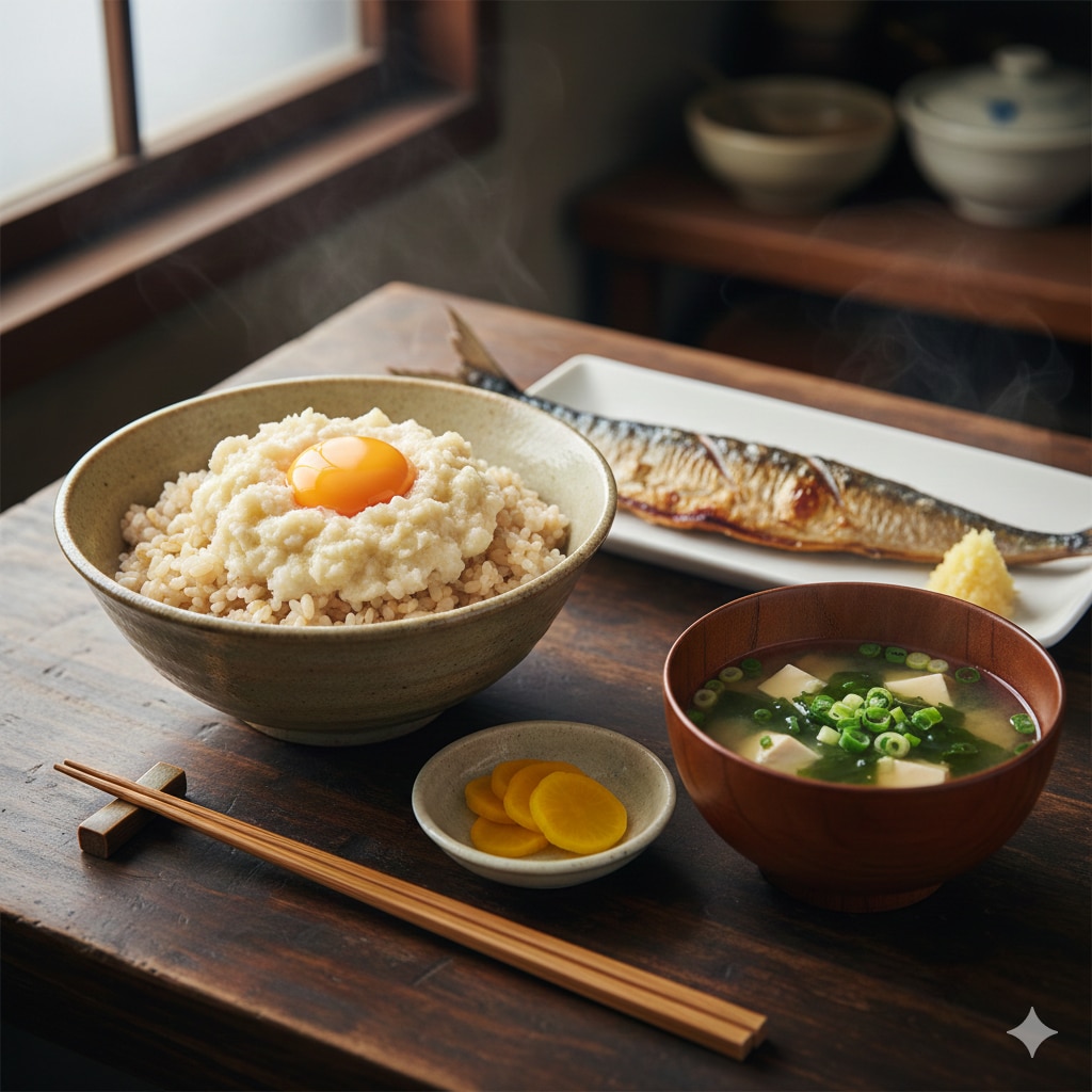 【昼食】とろろ麦飯、焼き秋刀魚、味噌汁、沢庵 | の人気AIイラスト・グラビア