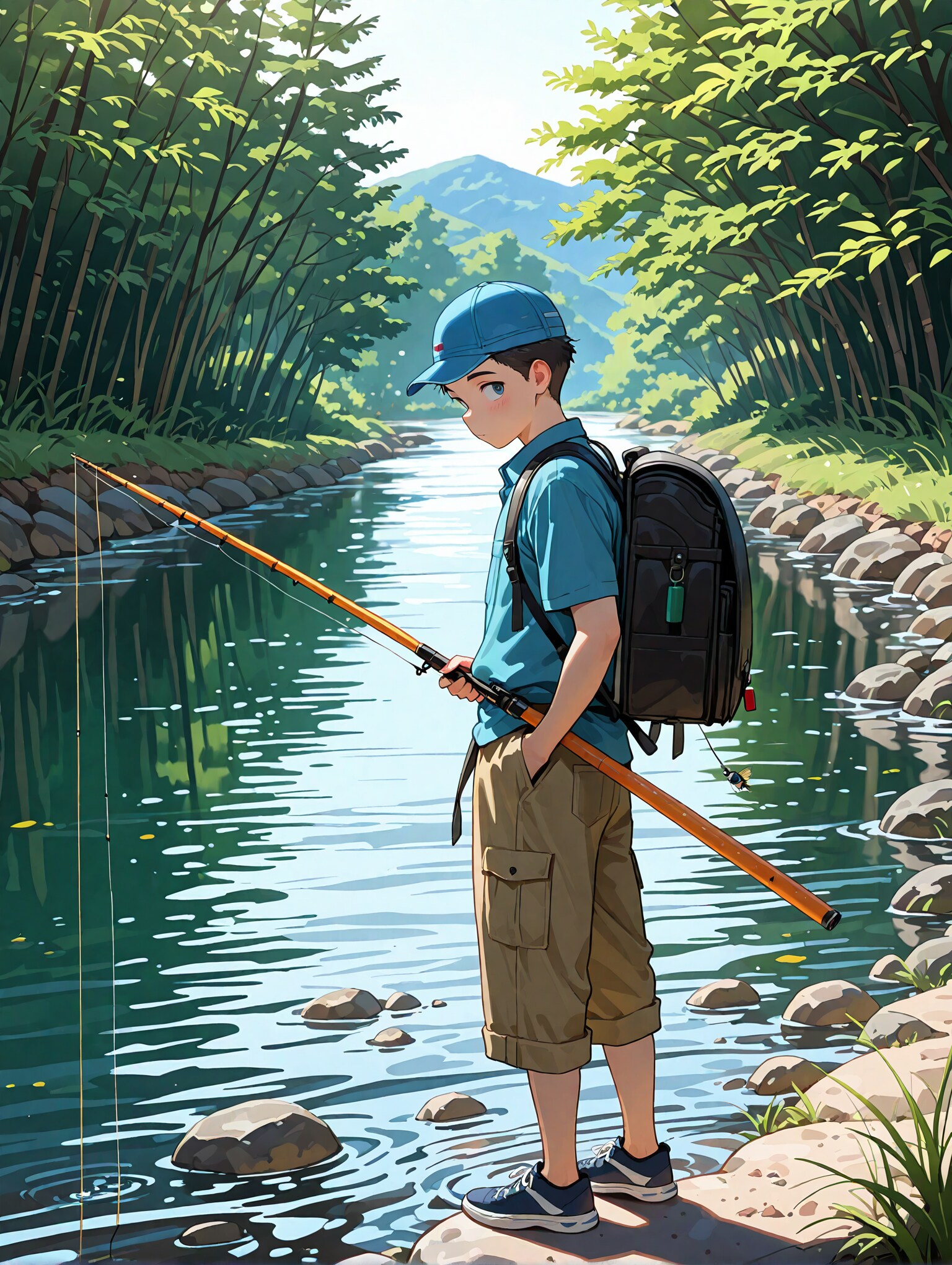 フィッシングキャップと川釣りをする少年 | の人気AIイラスト・グラビア