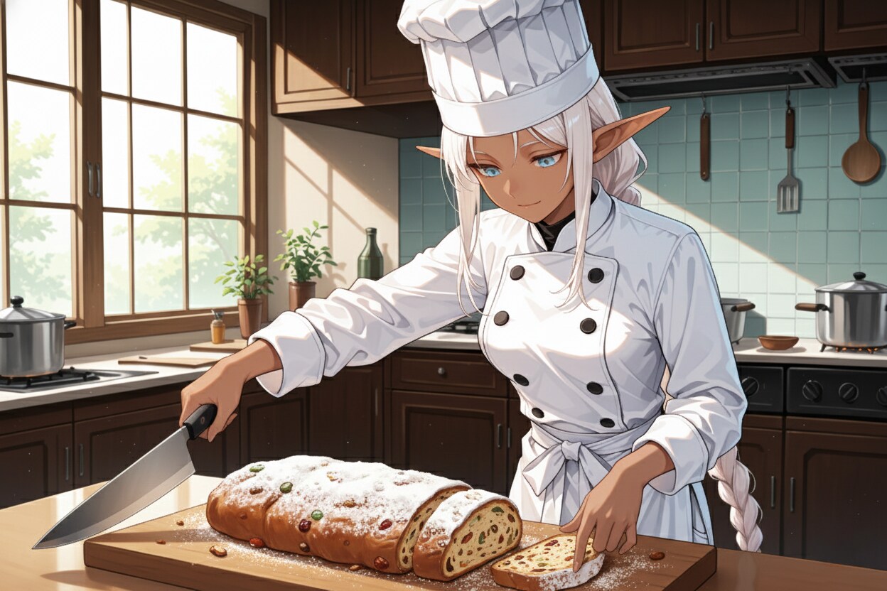 シュトーレンを切り分けるパン屋を営むダークエルフさん | の人気AIイラスト・グラビア