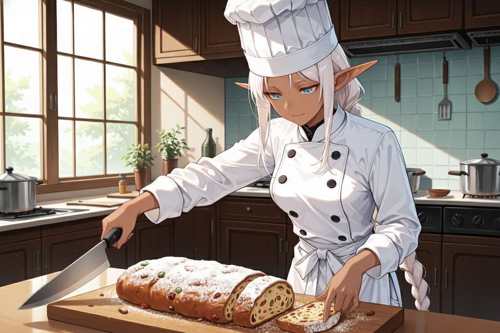 シュトーレンを切り分けるパン屋を営むダークエルフさん