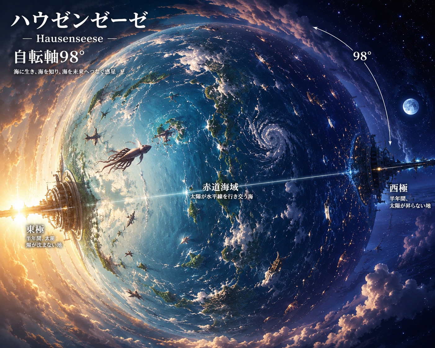 惑星《ハウゼンゼーゼ》と水平線太陽期の光景