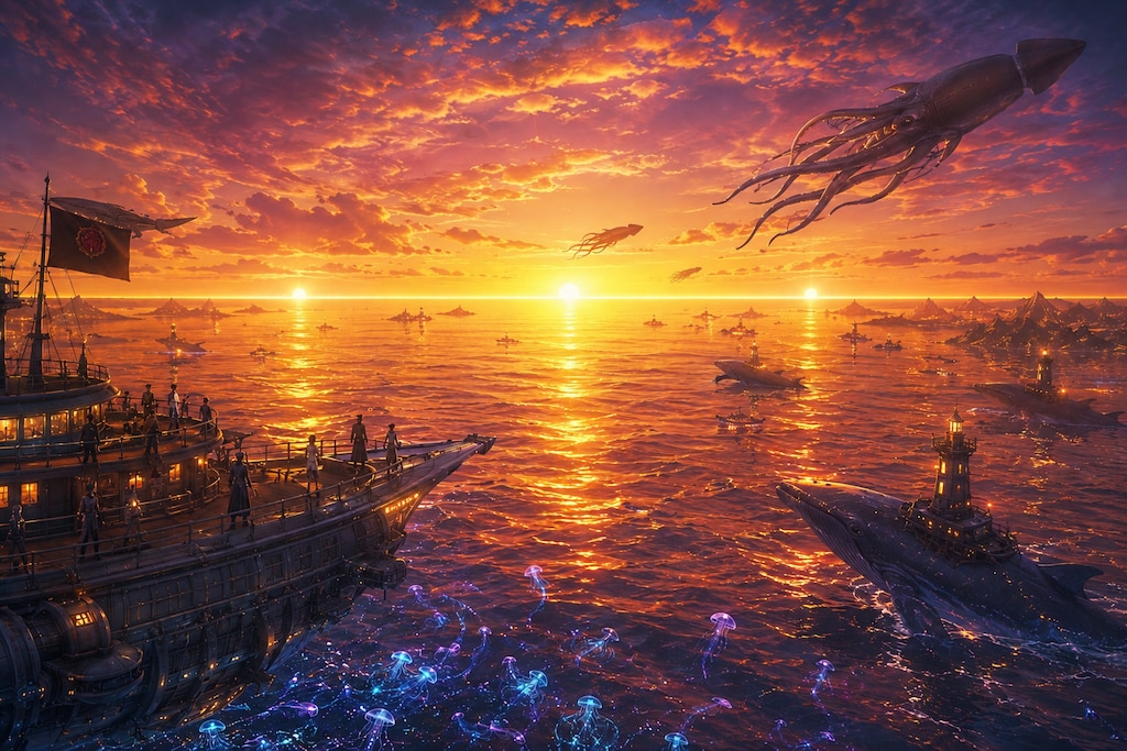 惑星《ハウゼンゼーゼ》と水平線太陽期の光景