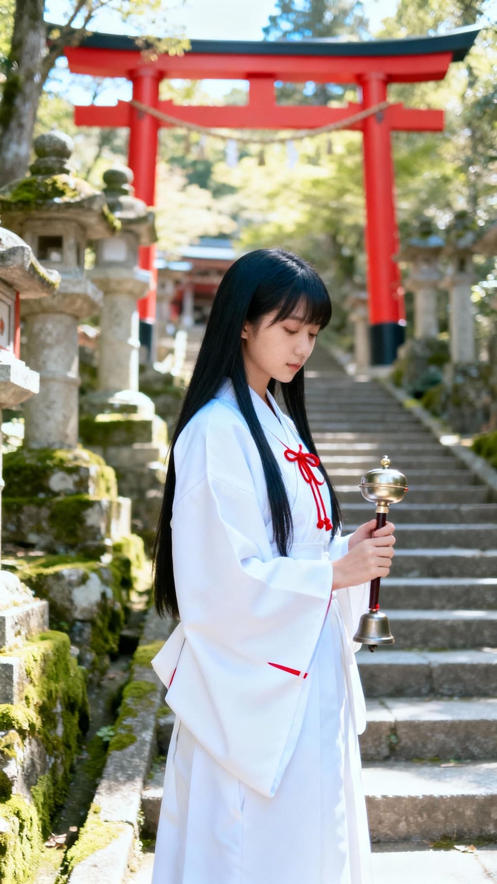 神秘的な日本の神社を背景にした清純な日本の巫女の全身写真