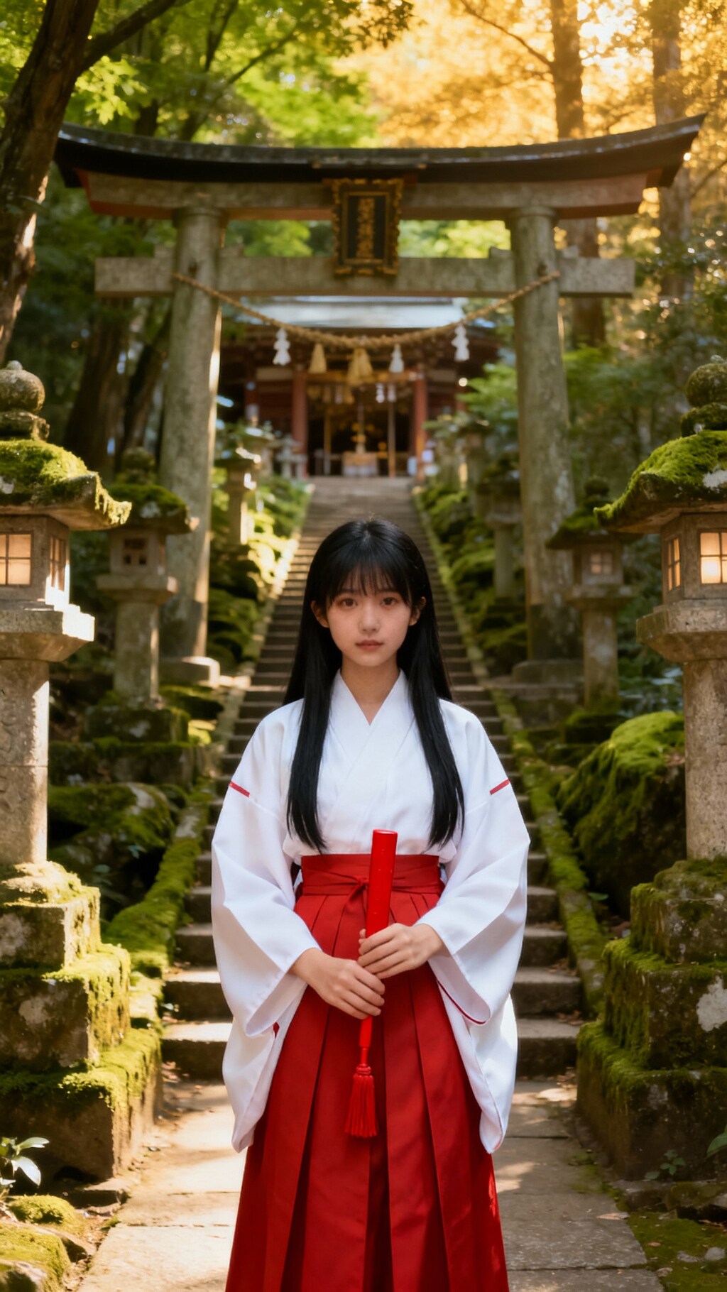 神秘的な日本の神社を背景にした清純な日本の巫女の全身写真