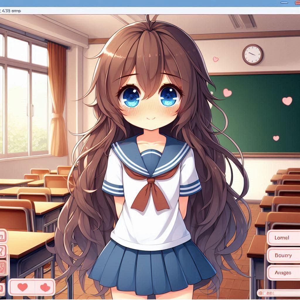 髪の毛の長い少女の恋愛ゲーム画面