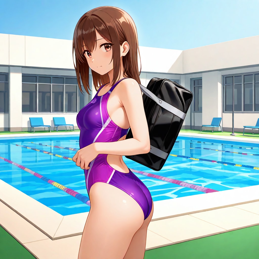 茶髪の少女と紫の競泳水着