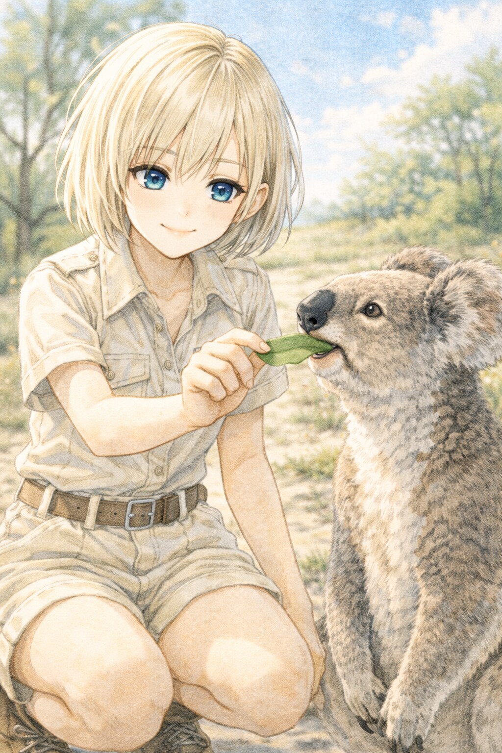コアラに葉を与える女の子