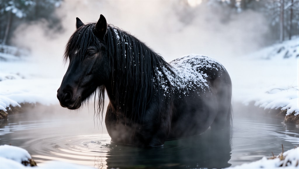 冬湯する馬