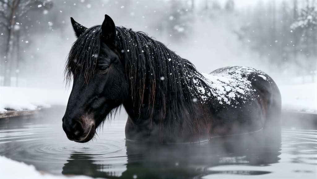 冬湯する馬