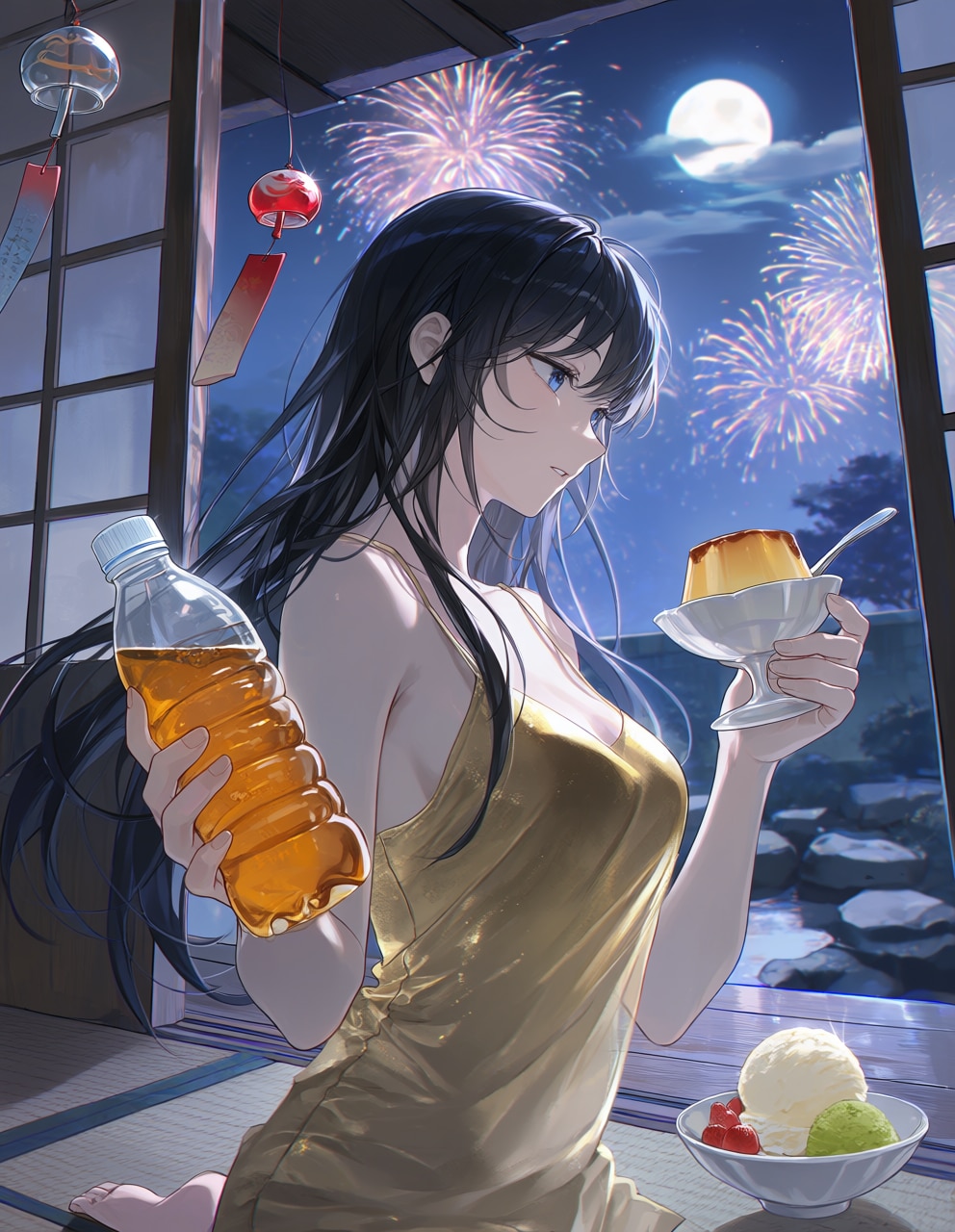 金色キャミソールの葵さんと花火(PixAI版)