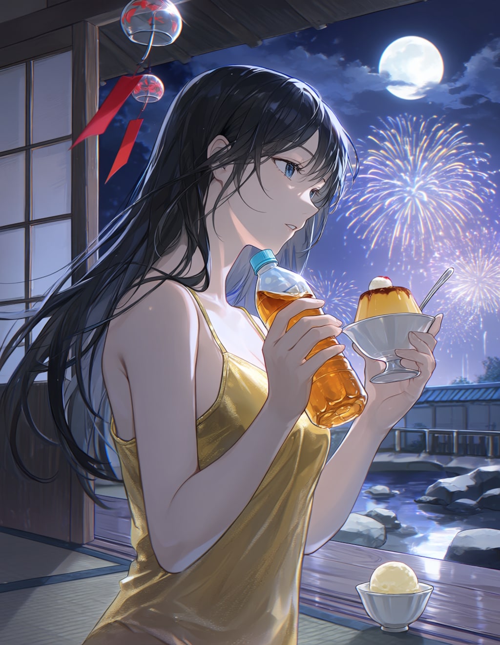 金色キャミソールの葵さんと花火(PixAI版)