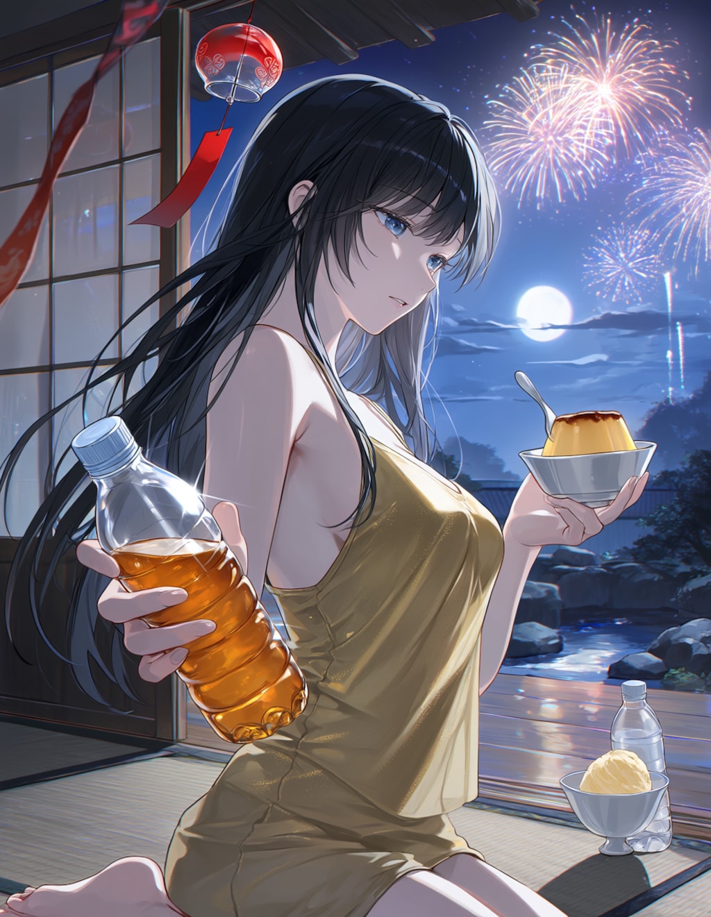 金色キャミソールの葵さんと花火(PixAI版)