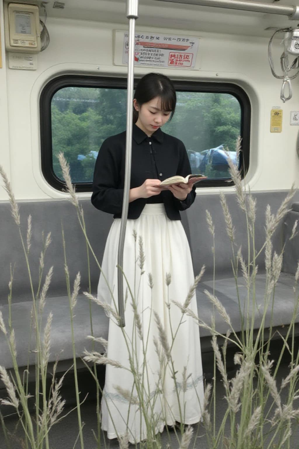 電車で読書する眼鏡女子