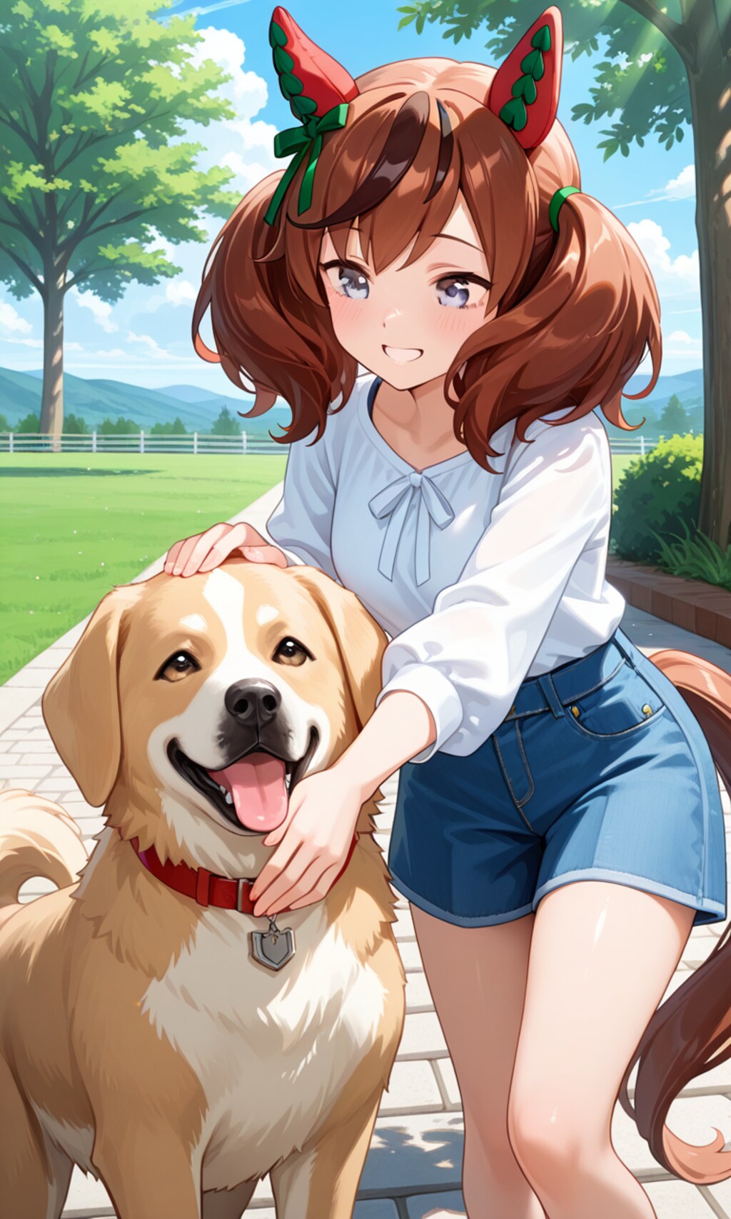 ワンちゃんをナデナデするネイチャさん
