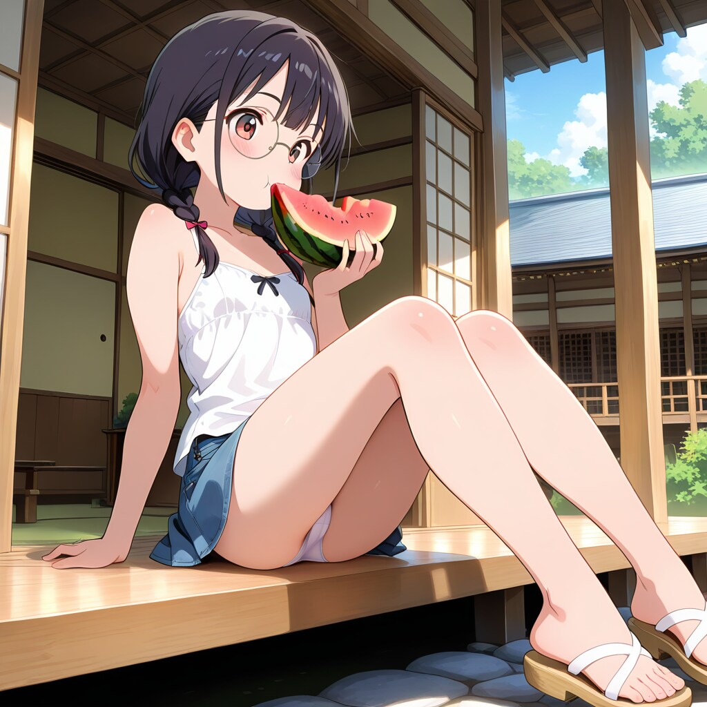 丸子・スイカを食べる