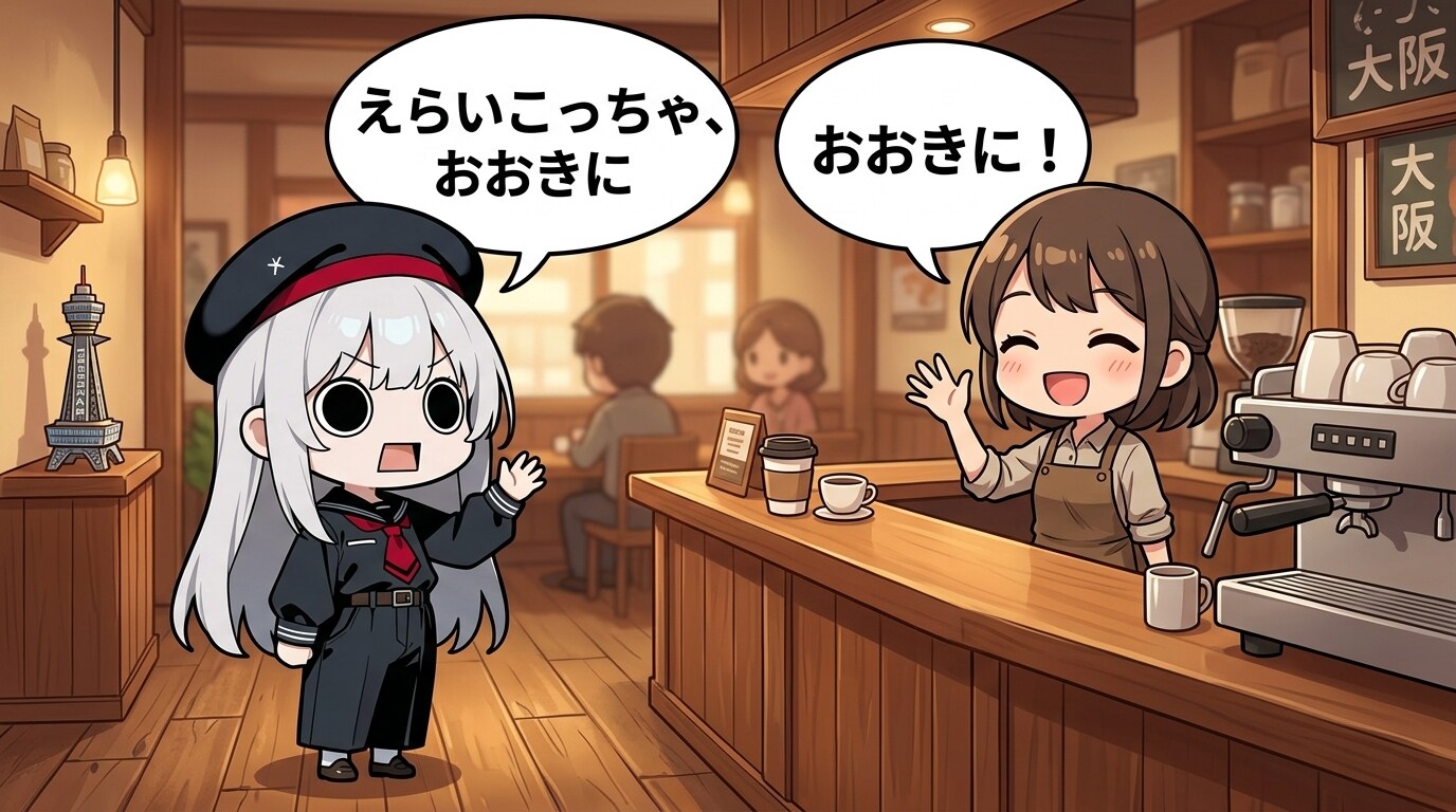 喫茶店でおおきに挨拶をするえらいこっちゃ嬢 | の人気AIイラスト・グラビア