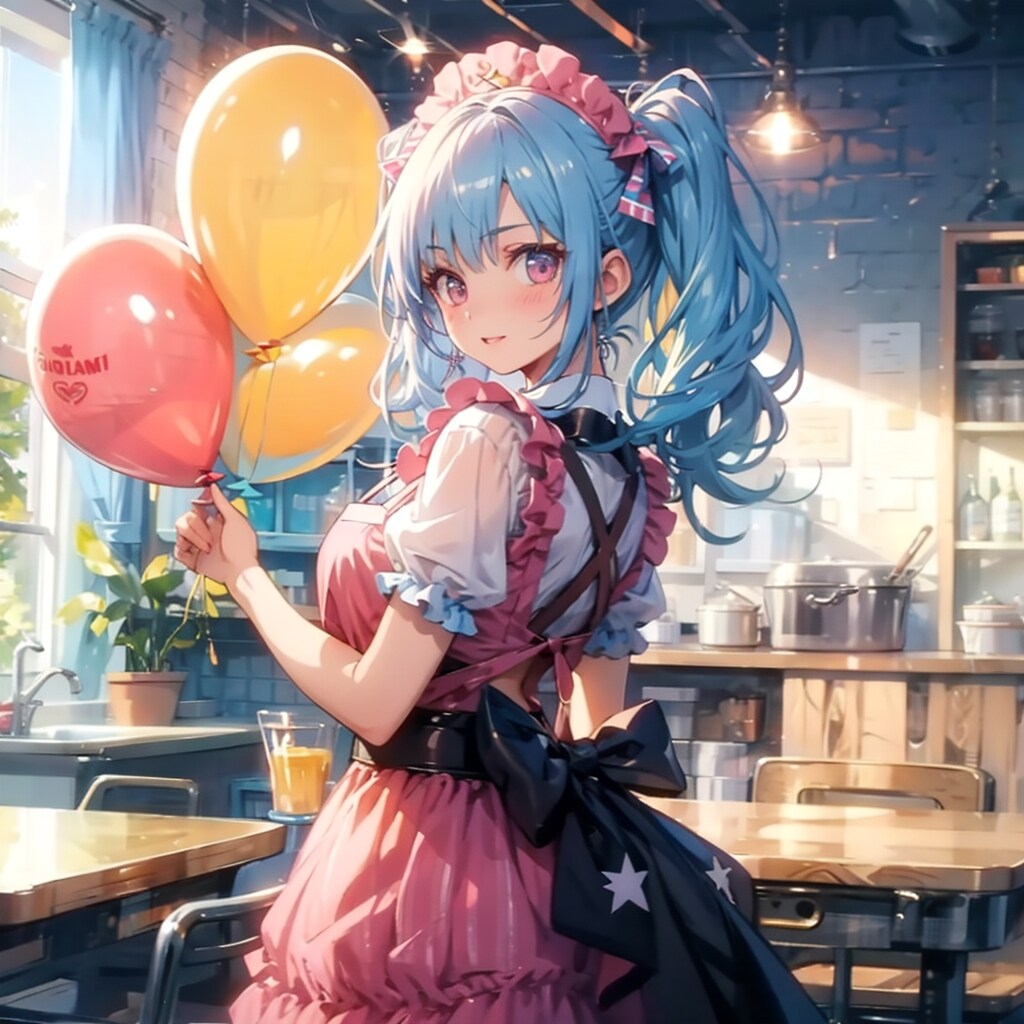 いっぱい色とりどりの風船を持つ青い髪ツインテールのピンクのエプロン付けた美女
