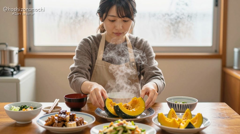 冬至の食卓：湯気とカボチャの煮物