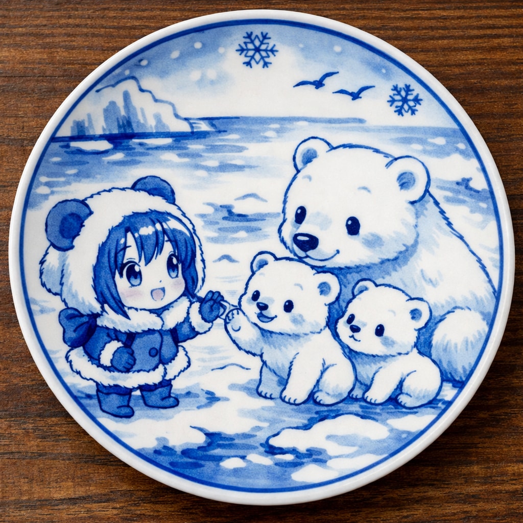 ちびちゃんと白熊親子ちゃんのアニメ調染付？のお皿 | の人気AIイラスト・グラビア