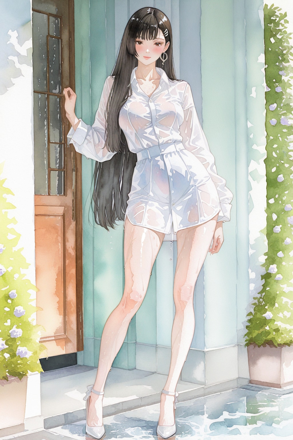濡れたドレスシャツの淑女