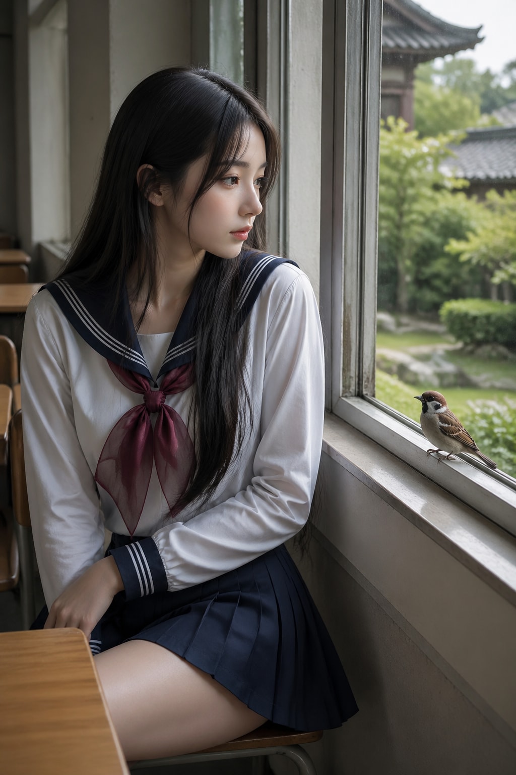 教室の窓、今日も何時もの雀が来ている。(The usual sparrow is at the classroom window today.)