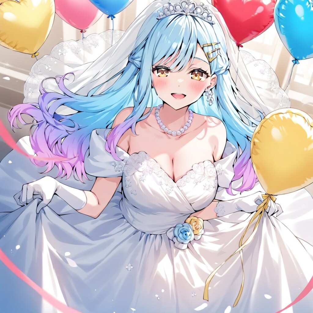 いっぱい色とりどりの風船を持つ水色髪ロングのウェディングドレス着た美女