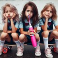ロシア人の美人の小学生女子15歳三人がスケボーに乗りピンクの電動歯ブラシを頬をへこませながら唇で引っ張っている 12枚目