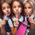 ロシア人の美人の小学生女子15歳三人がスケボーに乗りピンクの電動歯ブラシを頬をへこませながら唇で引っ張っている 10枚目