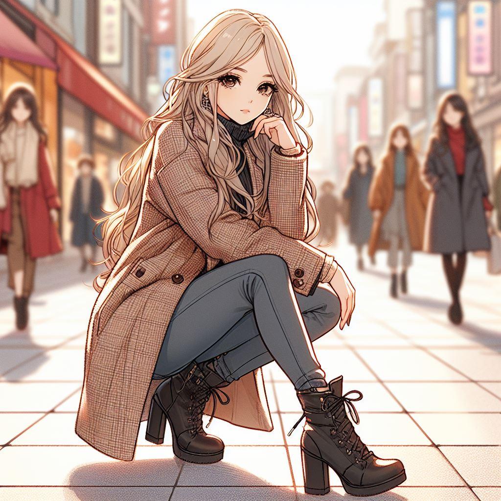 カジュアルなコートとヒールの長い黒いブーツ🧥👢