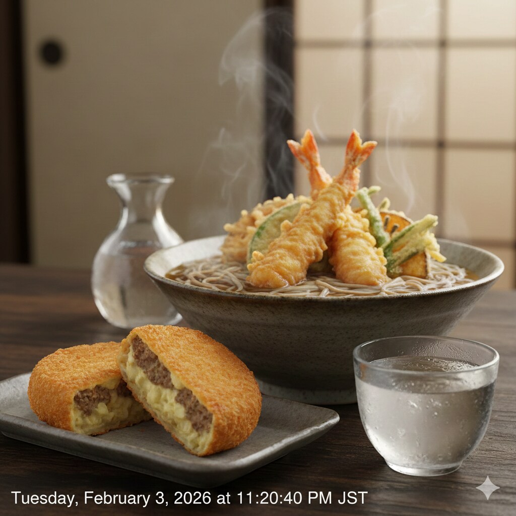 【晩飯】天ぷらそば,コロッケ,日本酒