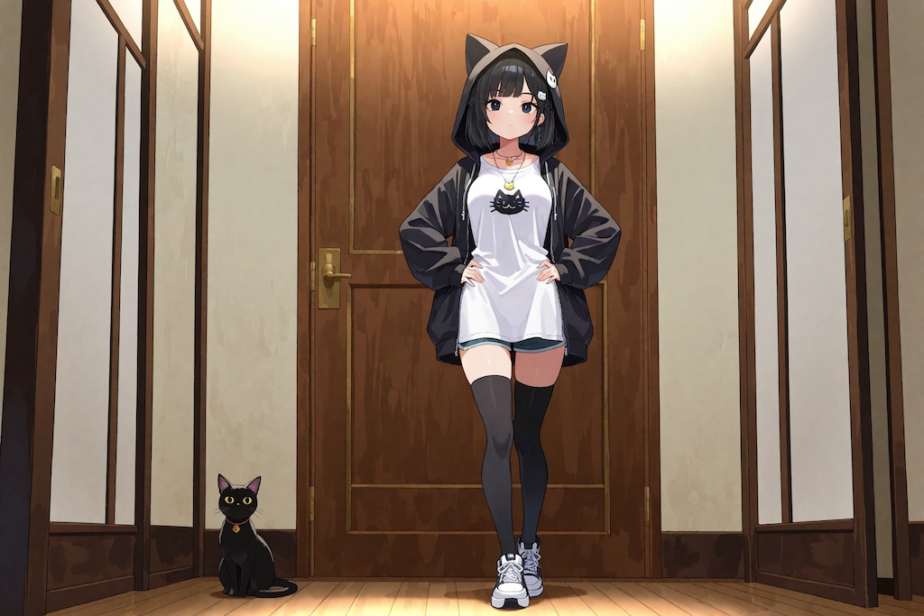 黒猫と猫耳フード