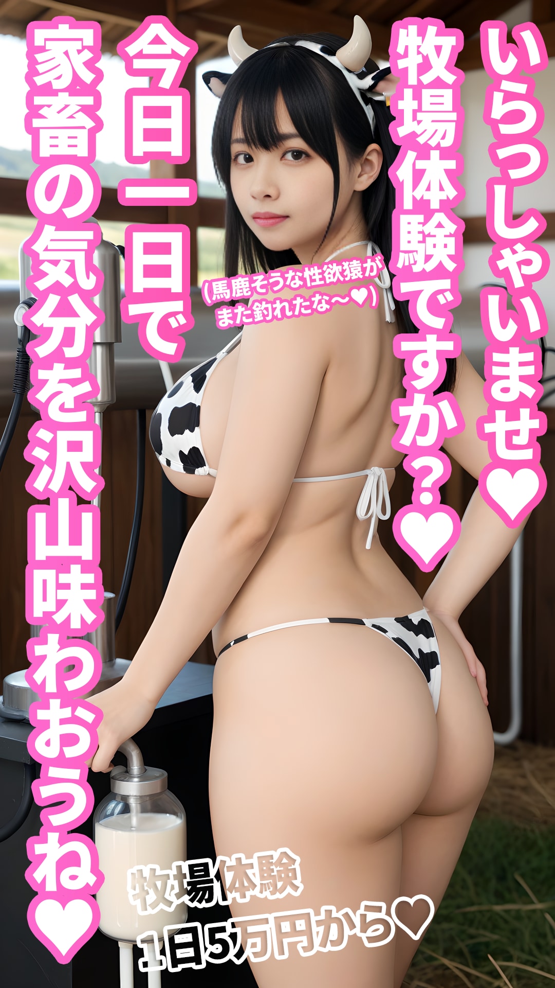 文字コラ　牧場体験のエロくて意地悪な乳牛ビキニお姉さん