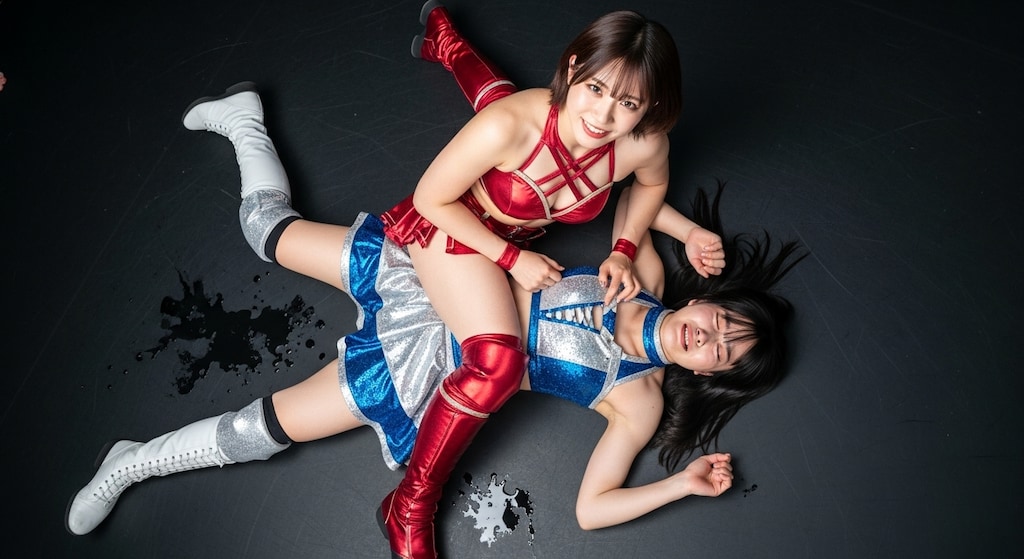 MIKURUを倒し馬乗りになるYURINA