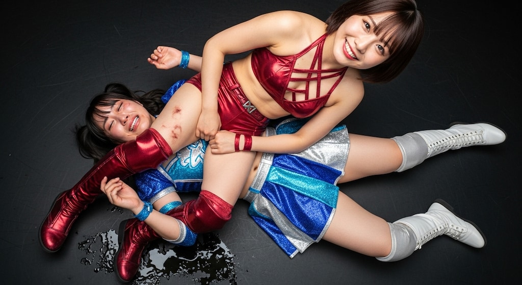 MIKURUを倒し馬乗りになるYURINA