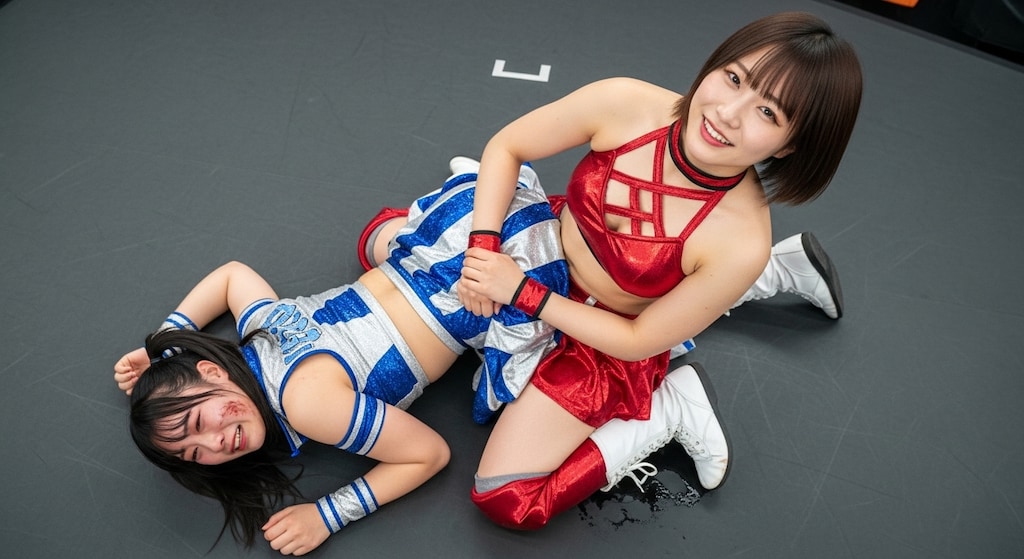 MIKURUを倒し馬乗りになるYURINA