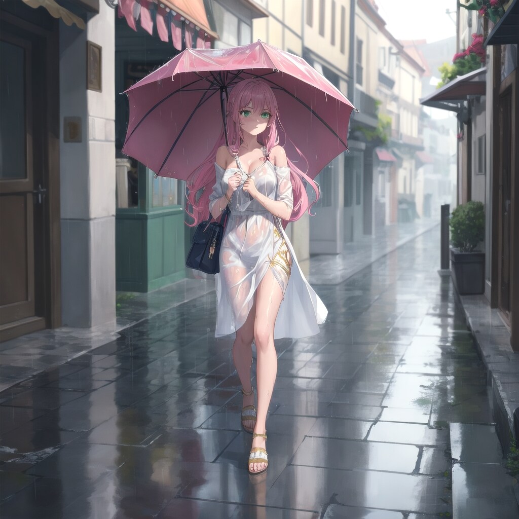 雨に濡れるピンクヘアの時空人