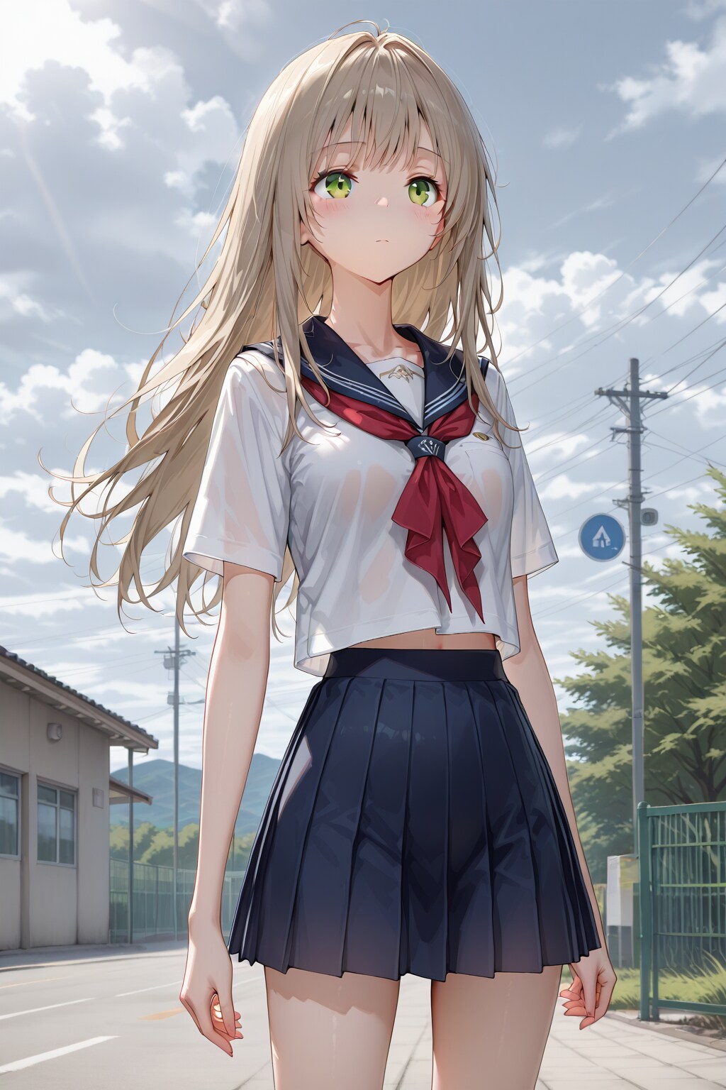 明るい曇空の日に緑の目をした女の子👧