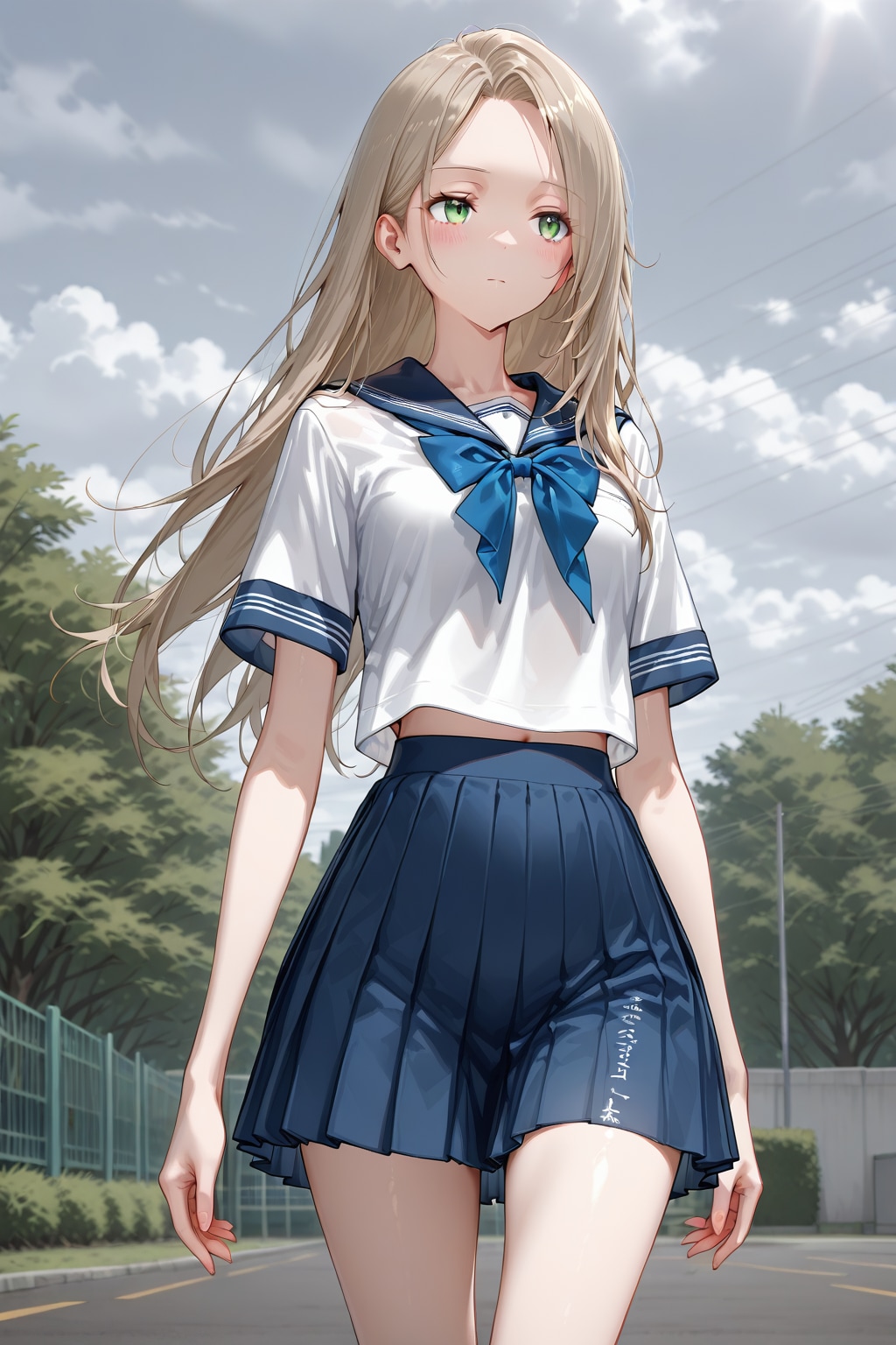 明るい曇空の日に緑の目をした女の子👧