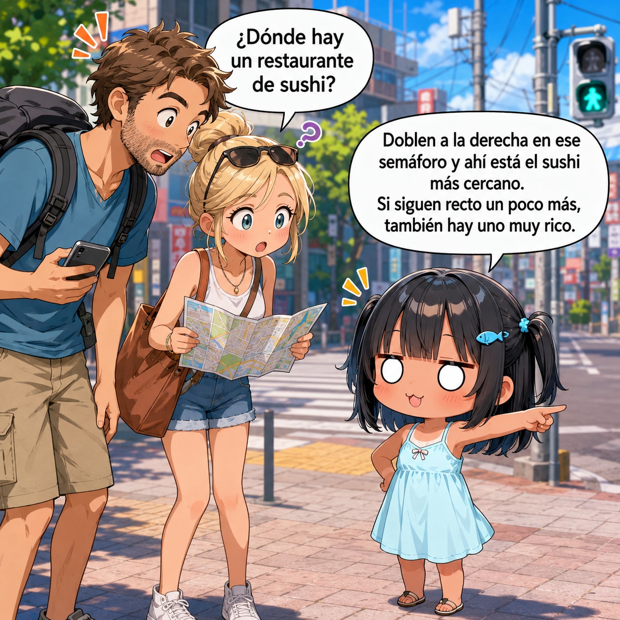 外国の人に道を聞かれて答えるこなつちゃん