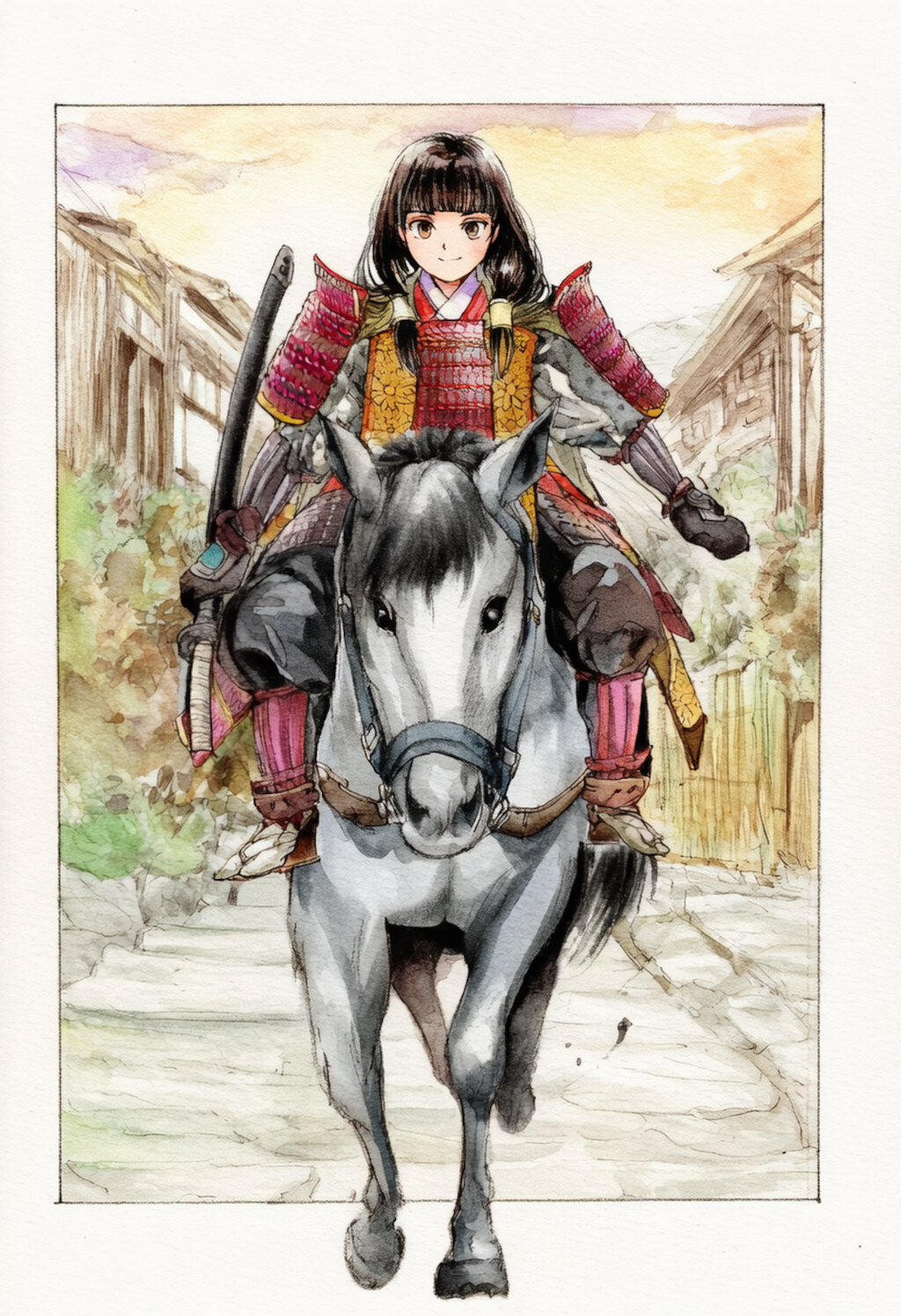 白馬に騎乗する武者姫