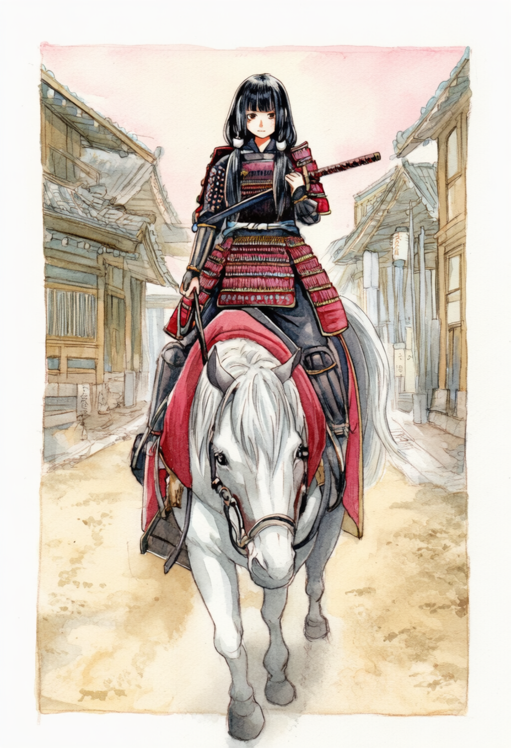 白馬に騎乗する武者姫