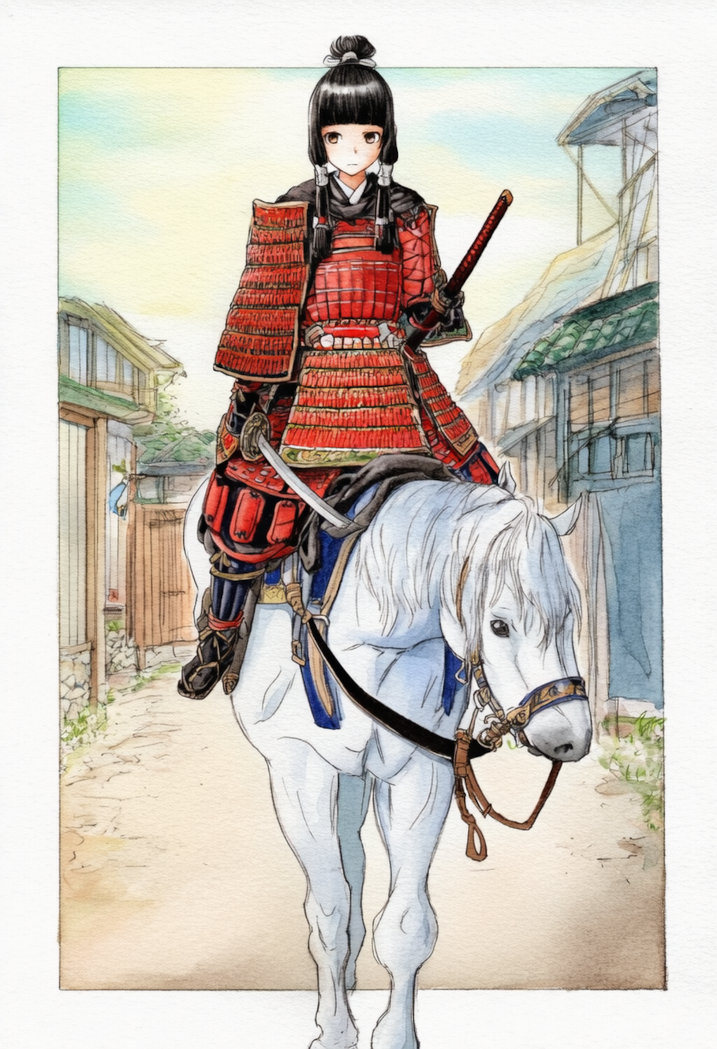 白馬に騎乗する武者姫