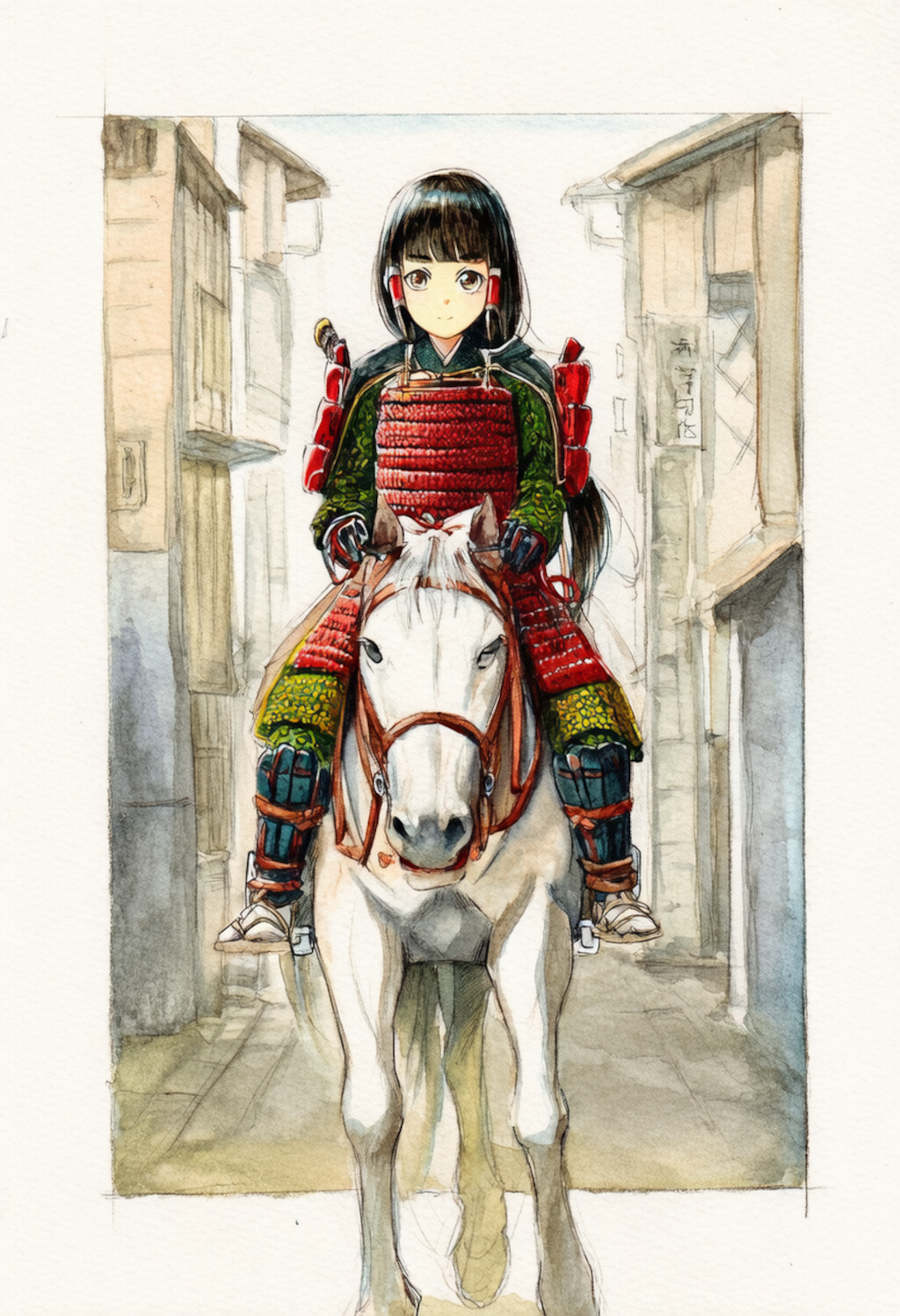 白馬に騎乗する武者姫